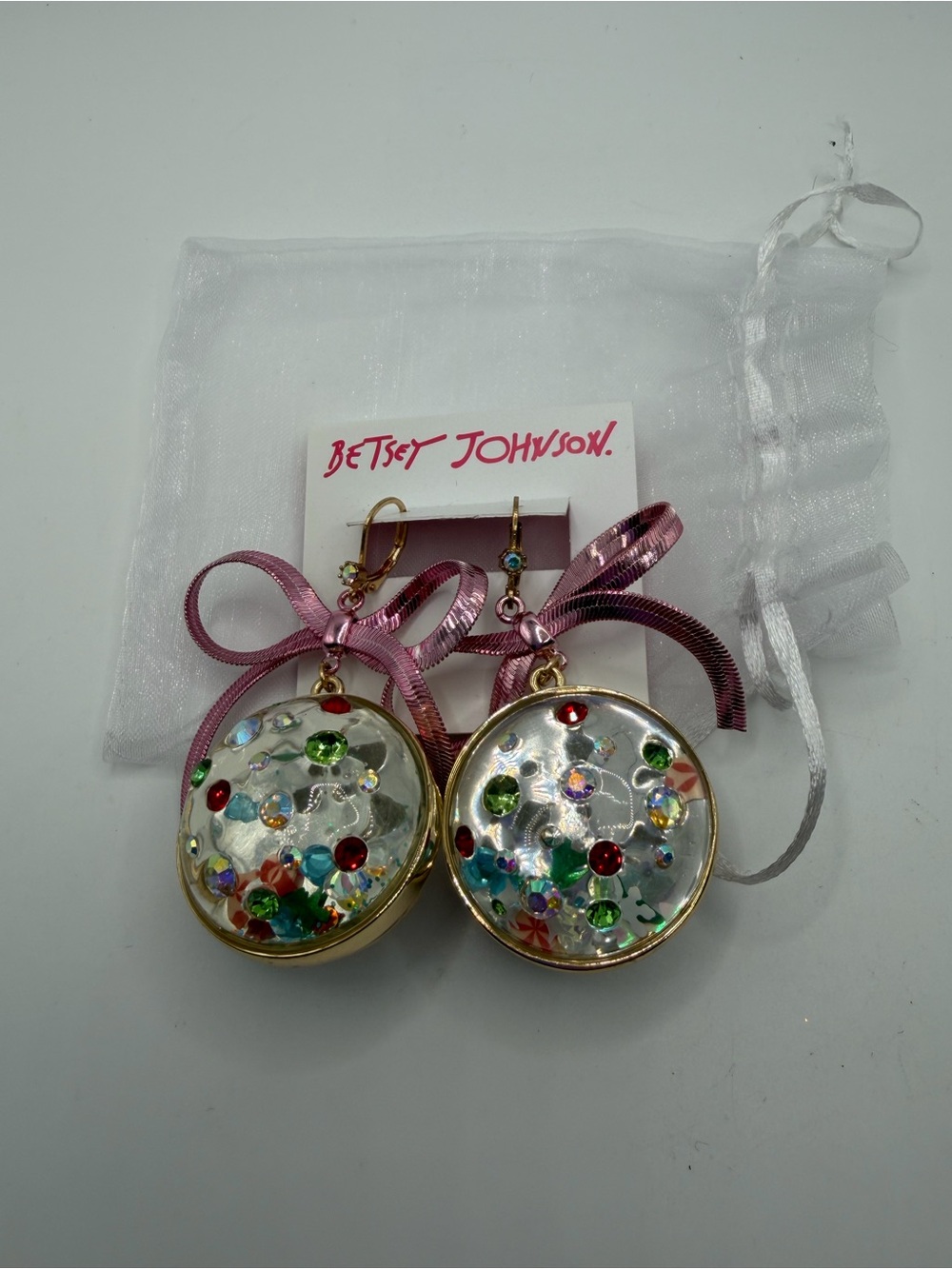 Betsey Johnson Pink Ribbon Sequin Dome Drop Earrings